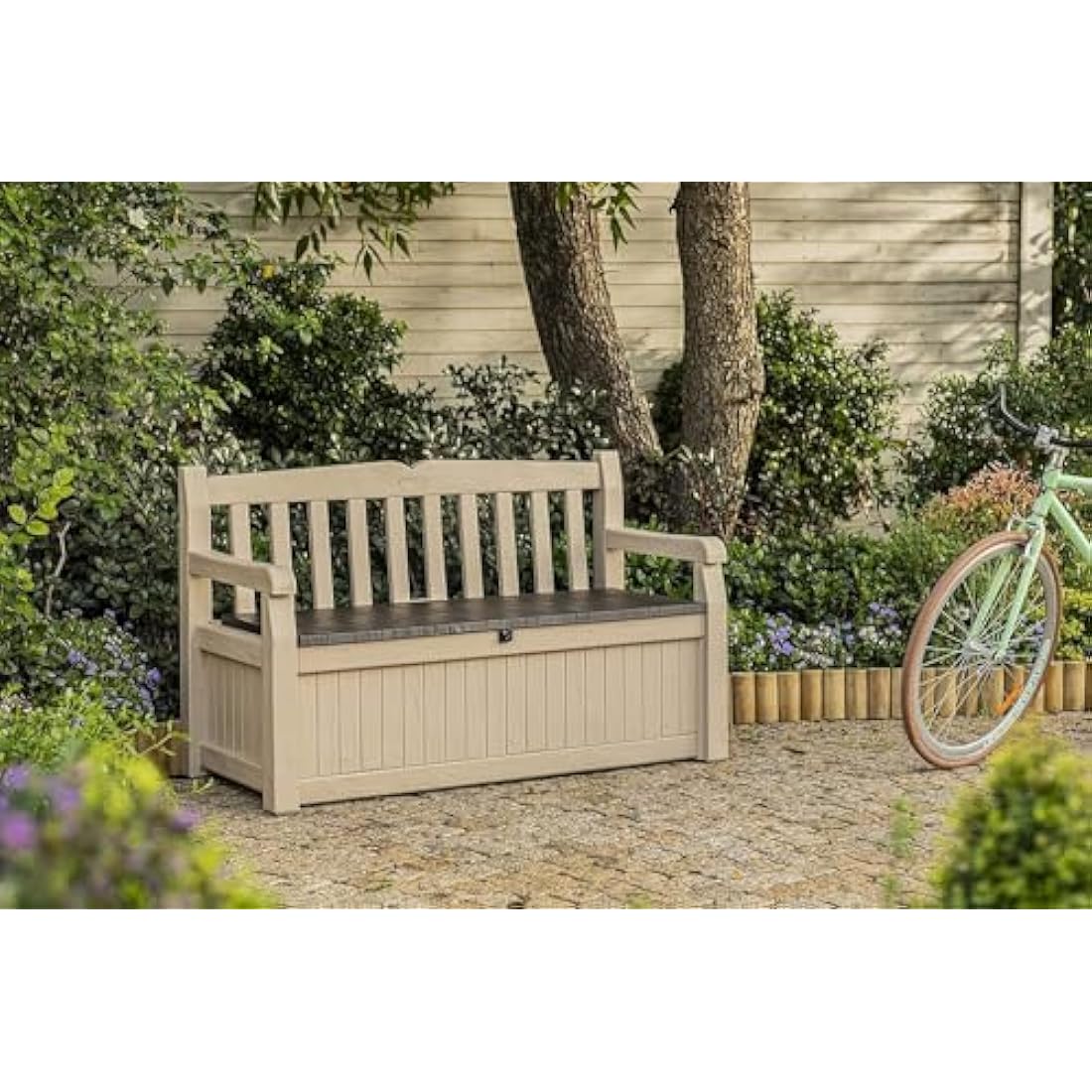 Keter Eden Bench 265L Outdoor 60% recycled Garden Furniture Storage Box Beige & Brown Wood Panel Effect | Fade Free | All Weather Resistant | Safe and Secure | Zero Maintenance | 2 year Warranty