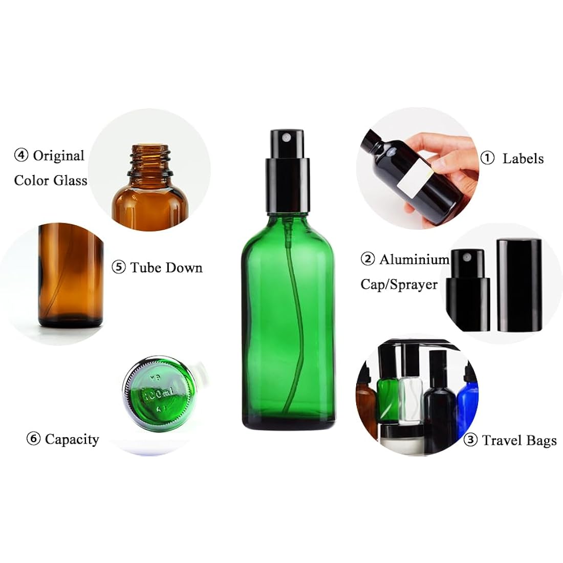 Yizhao 100ml Green Glass Spray Bottle for Essential Oils, Small Empty Fine Mist Spray Bottle, for Cleaning, Aromatherapy, Cosmetic Sprays, Hair –9 Pcs