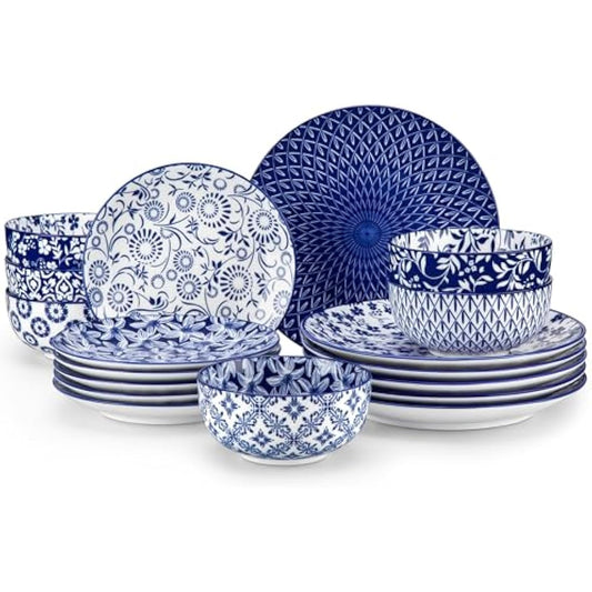 vancasso Selene Dinner Sets for 6 People, 18 Pieces Vintage Blue Porcelain Plates and Bowls Set Kitchen Crockery Set Dinnerware Sets, Mircowave and Dishwasher Safe Dishes Set