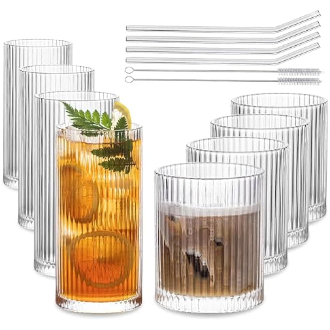 INSETLAN 8 Piece Ribbed Glassware - 4 Highball Glasses 12 oz, 4 Rocks Glass Cups 14 oz, Vintage Cocktail Drinking Glasses, Ideal for Wine, Juice, Water, Ice Coffee Cup, Whiskey, Mixed Drinkware