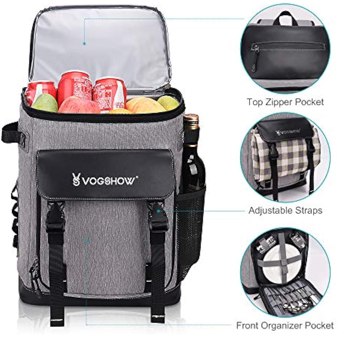 Vogshow 30L Cooler Bag Picnic Backpack Large Capacity Waterproof Cool Bag Rucksack Leakproof Insulated Backpack Cooler for Camping, Party, BBQ, Family Outdoor, Shopping, Beach, Fishing