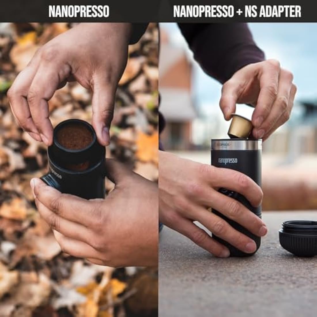 WACACO Nanopresso Portable Espresso Maker Bundled with NS Adapter, Compatible With Ground Coffee &*Nespresso®* Capsule, Travel Coffee Maker, 18 Bar Pressure, Manually Operated, For Camping