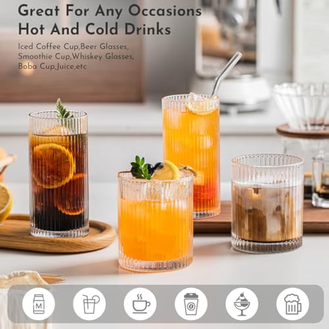 INSETLAN 8 Piece Ribbed Glassware - 4 Highball Glasses 12 oz, 4 Rocks Glass Cups 14 oz, Vintage Cocktail Drinking Glasses, Ideal for Wine, Juice, Water, Ice Coffee Cup, Whiskey, Mixed Drinkware