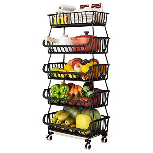 BRIAN & DANY 5 Tier Vegetable Storage Rack, Stackable Fruit Vegetable Stand with Lockable Casters and 5 S-Hooks for Kitchen, Pantry, Bathroom, Garage