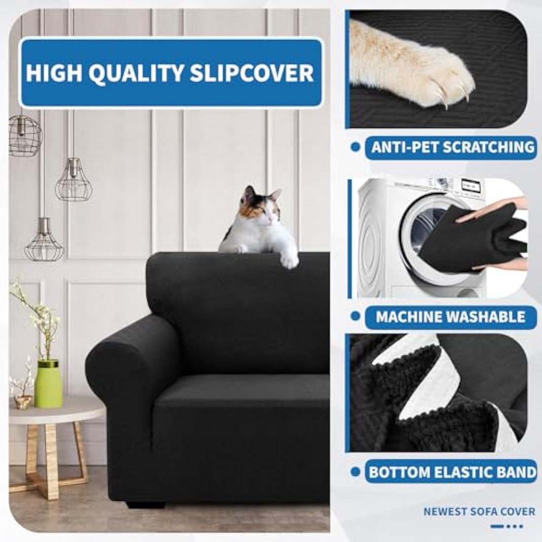 XINEAGE High Stretch Sofa Covers 4 Seater Latest Jacquard Extra Large Couch Covers for Dogs Pet 1 Piece Sofa Slipcovers Living Room Non Slip Couch Furniture Protector Washable (4 Seater, Black)
