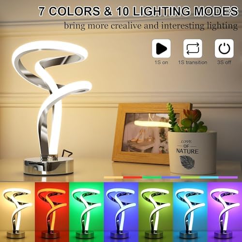Lightess Modern Spiral RGB Table Lamp, Touch Dimmable LED Nightstand Lamp, 10 Light Modes Bedroom lamp, LED Bedside Lamps for Home Decor Living Room Office
