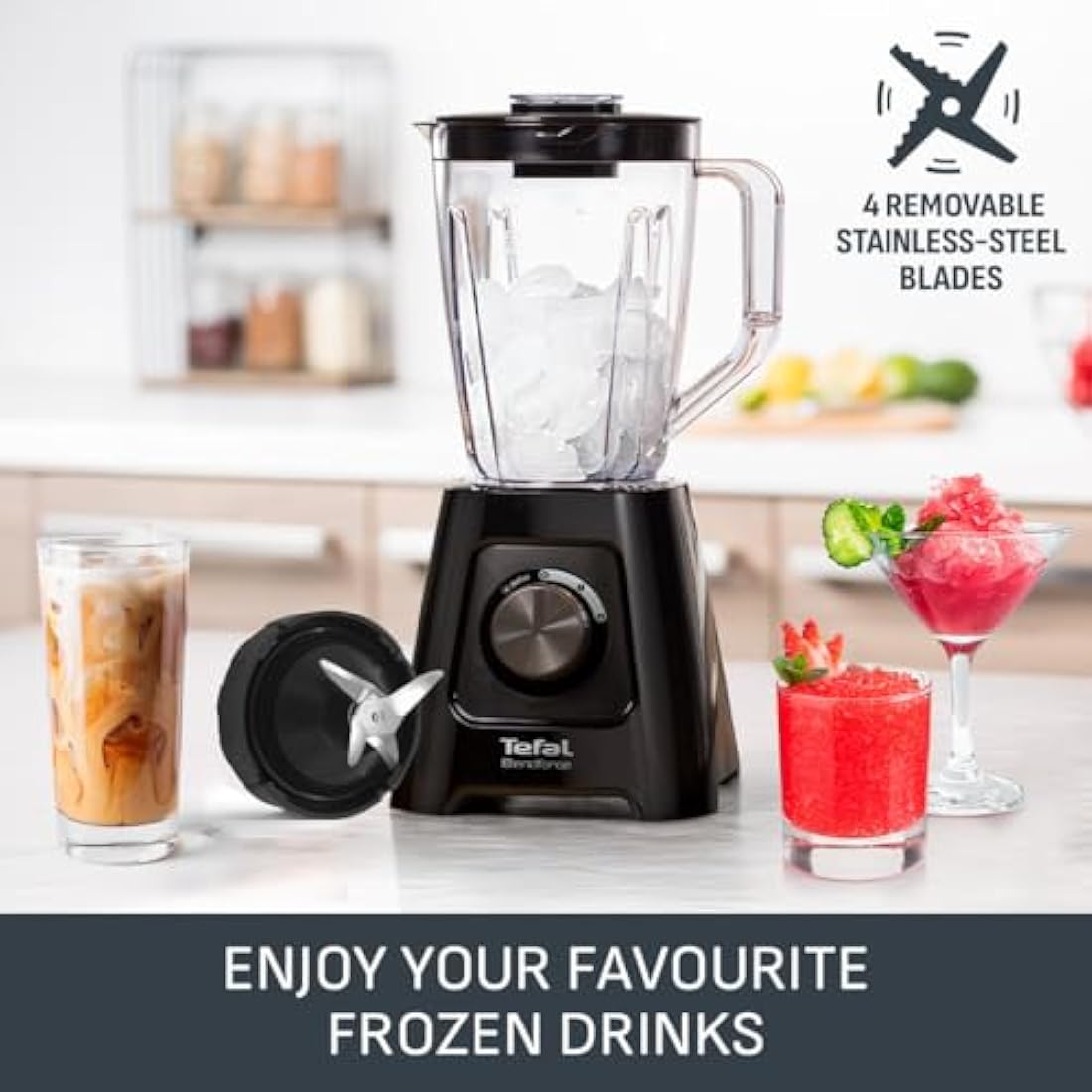 Tefal Blendforce II Blender, 2L Plastic Jug, 1.25L Effective Capacity, 600W, 4 Removable Stainless Steel Blades, Smoothie, Ice Crush, 2 Speeds + Pulse, Kitchen Shakes Maker, Black, BL420840