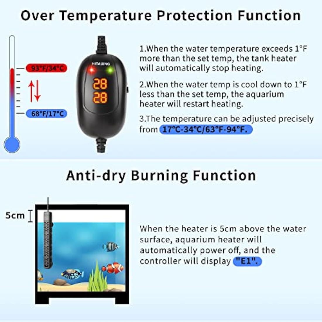HiTauing Aquarium Heater, 50W/100W/300W/500W Submersible Fish Tank Heater with Over-Temperature Protection and Automatic Power-Off When Leaving Water for Saltwater and Freshwater