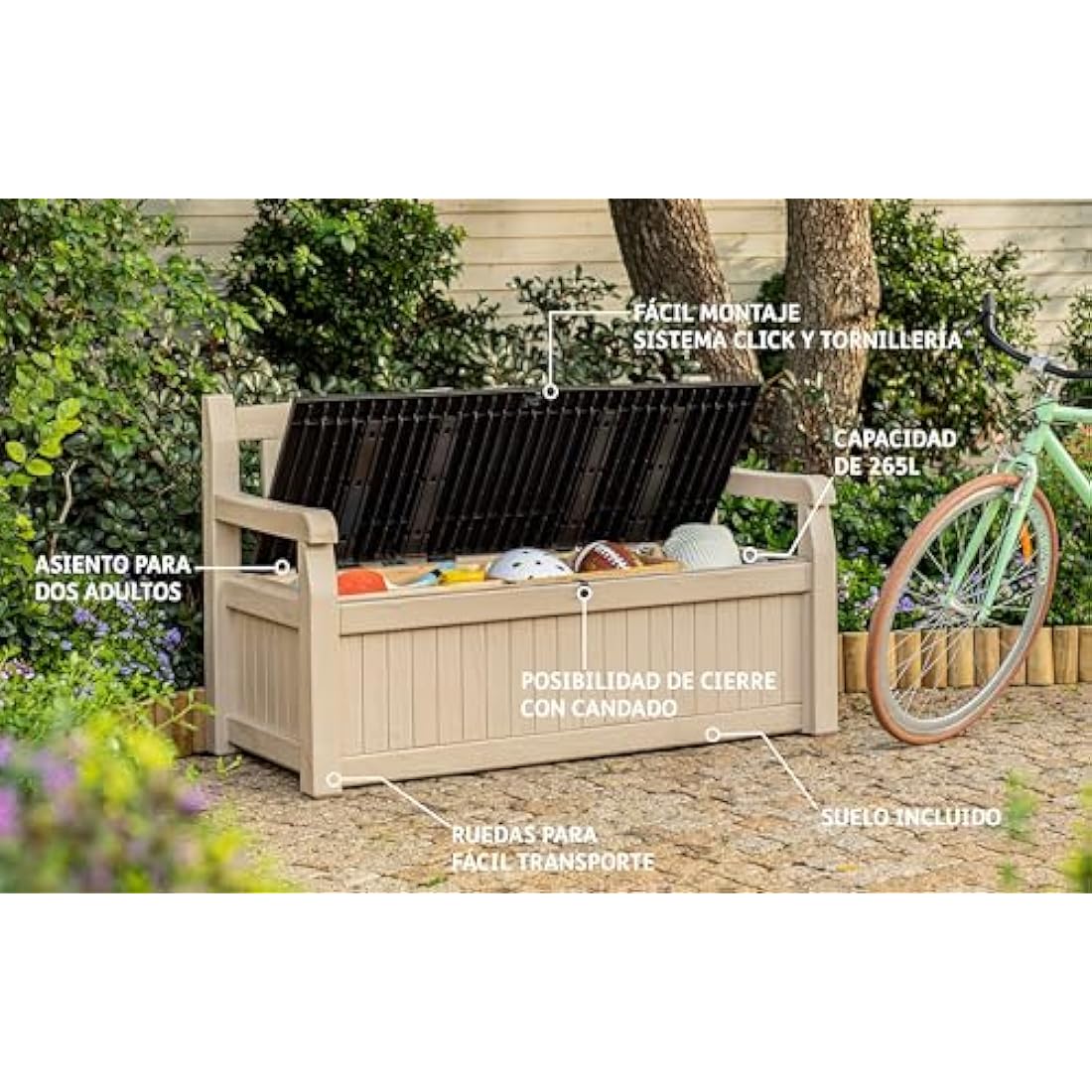 Keter Eden Bench 265L Outdoor 60% recycled Garden Furniture Storage Box Beige & Brown Wood Panel Effect | Fade Free | All Weather Resistant | Safe and Secure | Zero Maintenance | 2 year Warranty