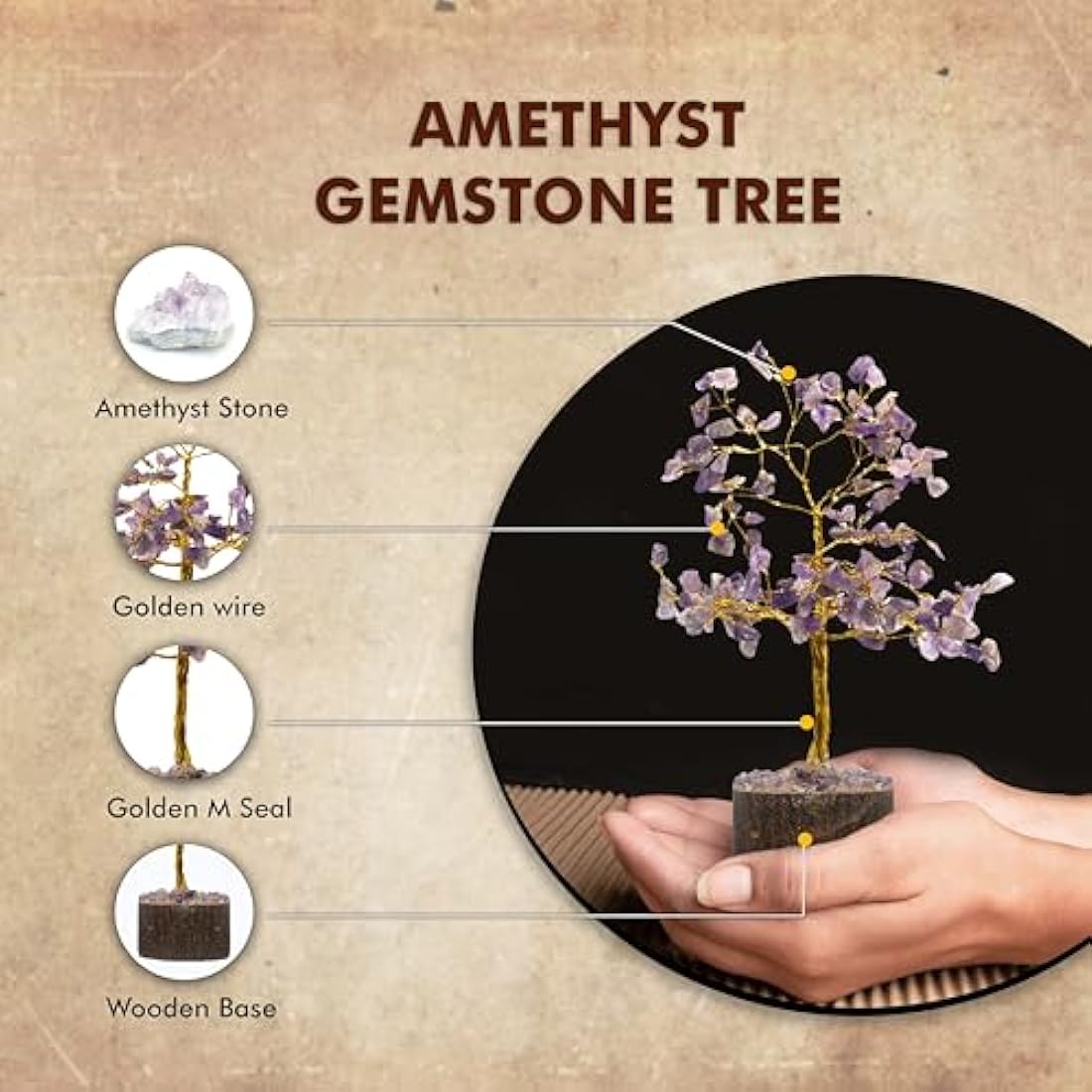 Wonder Care Amethyst Crystal Tree with Wooden Base, 7-Inch Gemstone Decor
