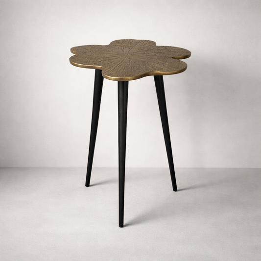 Brass Clover Side Table | Etched Top & Black Iron Legs