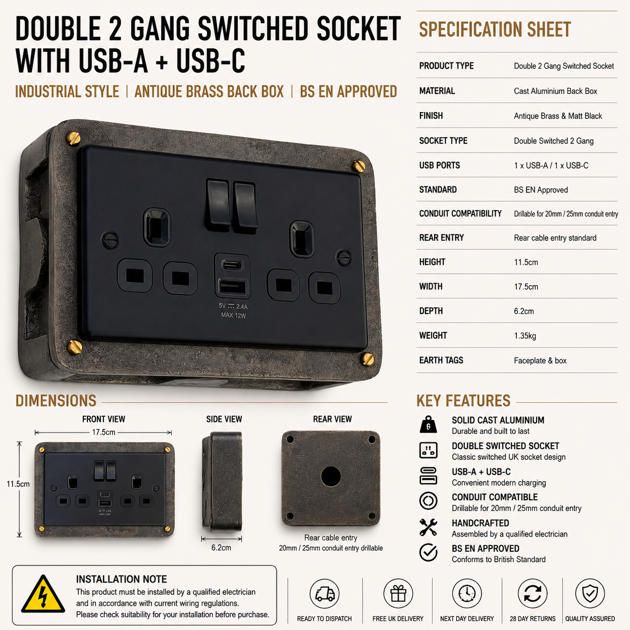 Matt Black Double Gang Plug Socket with Industrial Antique Brass Back Conduit Box