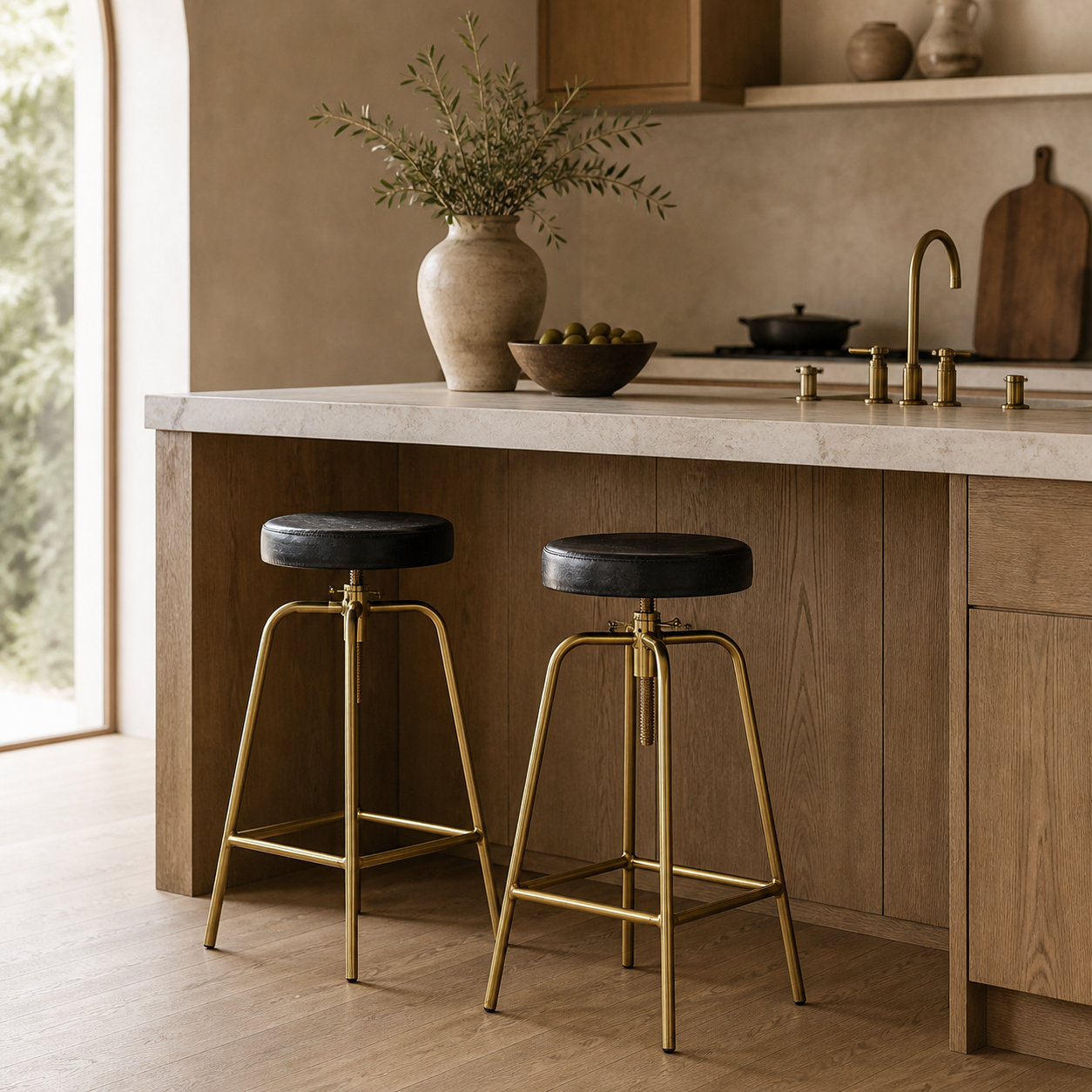 Antique Brass & Black Leather Adjustable Bar Stool