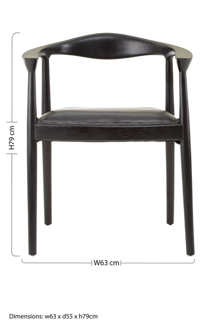 Kendari Black Leather and Teak Wood Armchair with Stud Detail