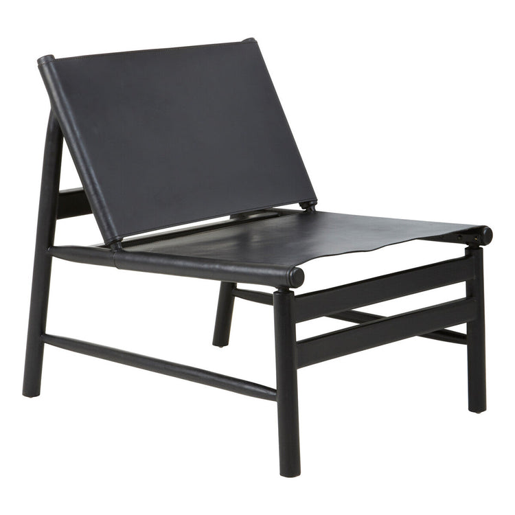 Kendari Black Leather and Teak Modern Sling Chair