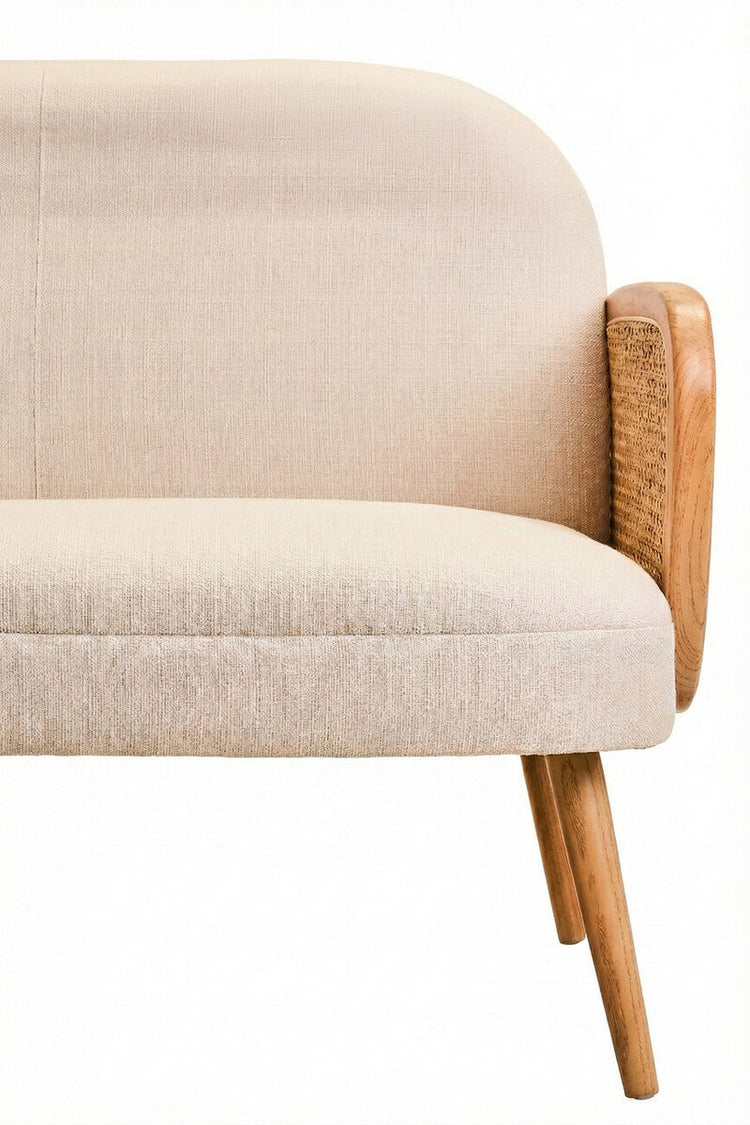 2 Seater Ivory Fabric and Cane Sofa with Elm Wood Legs, Cebu