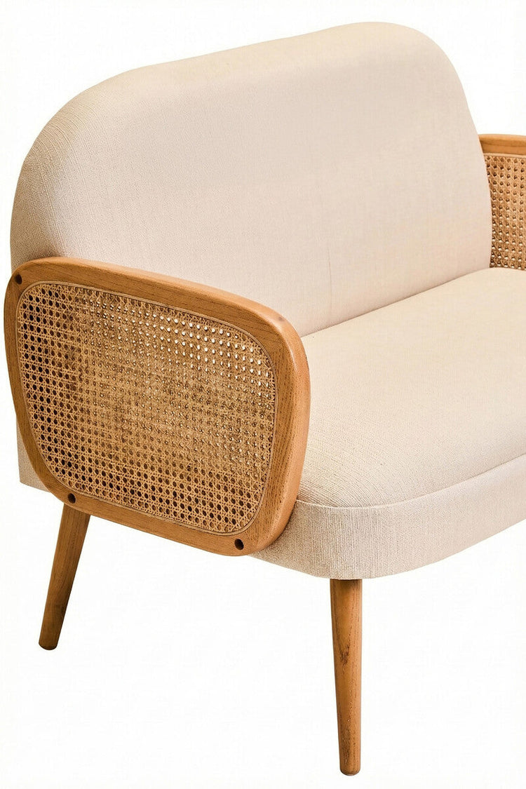 2 Seater Ivory Fabric and Cane Sofa with Elm Wood Legs, Cebu