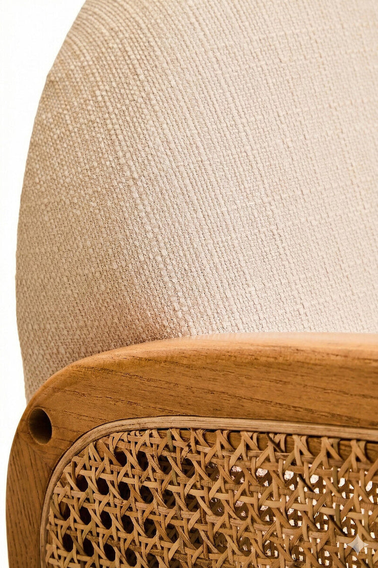 2 Seater Ivory Fabric and Cane Sofa with Elm Wood Legs, Cebu