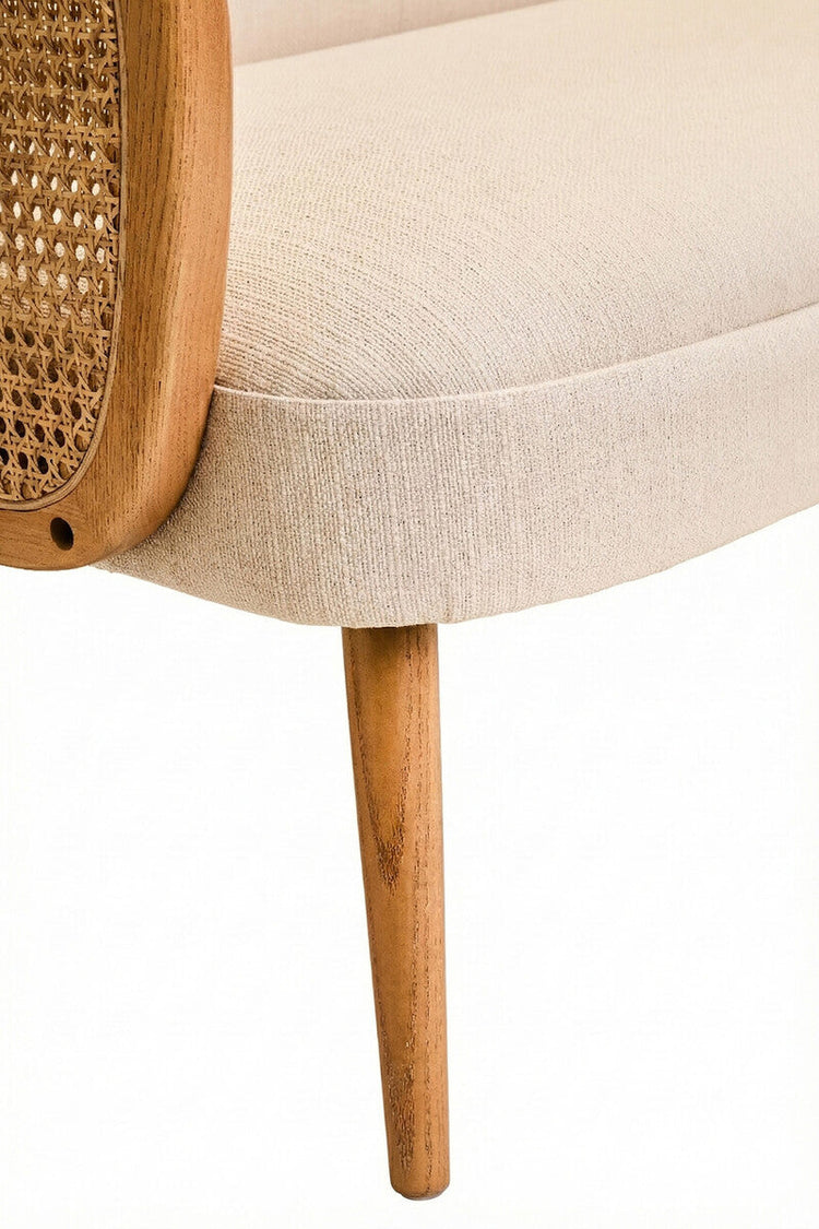 2 Seater Ivory Fabric and Cane Sofa with Elm Wood Legs, Cebu