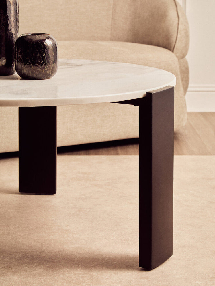 White Round Marble Top Large Coffee Table with Black Acacia Legs, Palermo