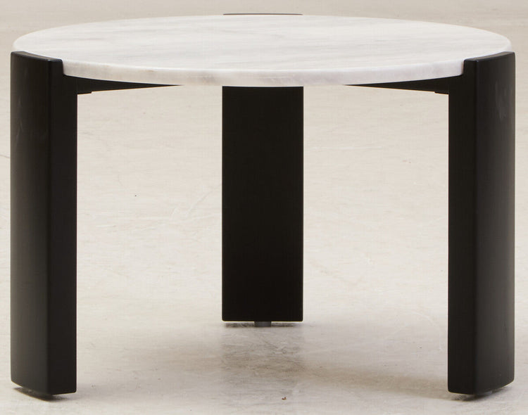 White Round Marble Top Small Coffee Table with Black Acacia Legs, Palermo