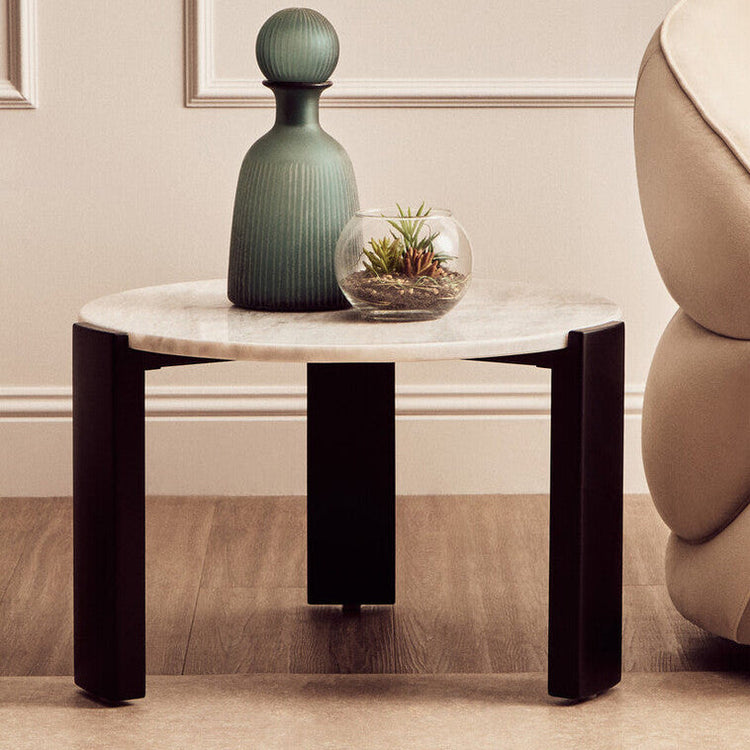 White Round Marble Top Small Coffee Table with Black Acacia Legs, Palermo