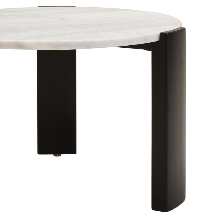 White Round Marble Top Small Coffee Table with Black Acacia Legs, Palermo