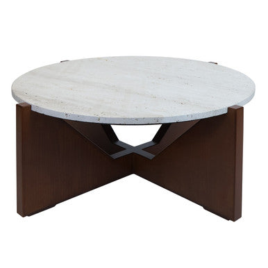 Cream Travertine Top Coffee Table with Brown Acacia Wood Geometric Frame, Walton