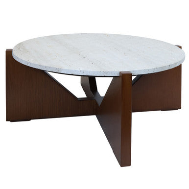 Cream Travertine Top Coffee Table with Brown Acacia Wood Geometric Frame, Walton