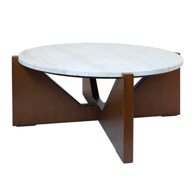 Cream Travertine Top Coffee Table with Brown Acacia Wood Geometric Frame, Walton