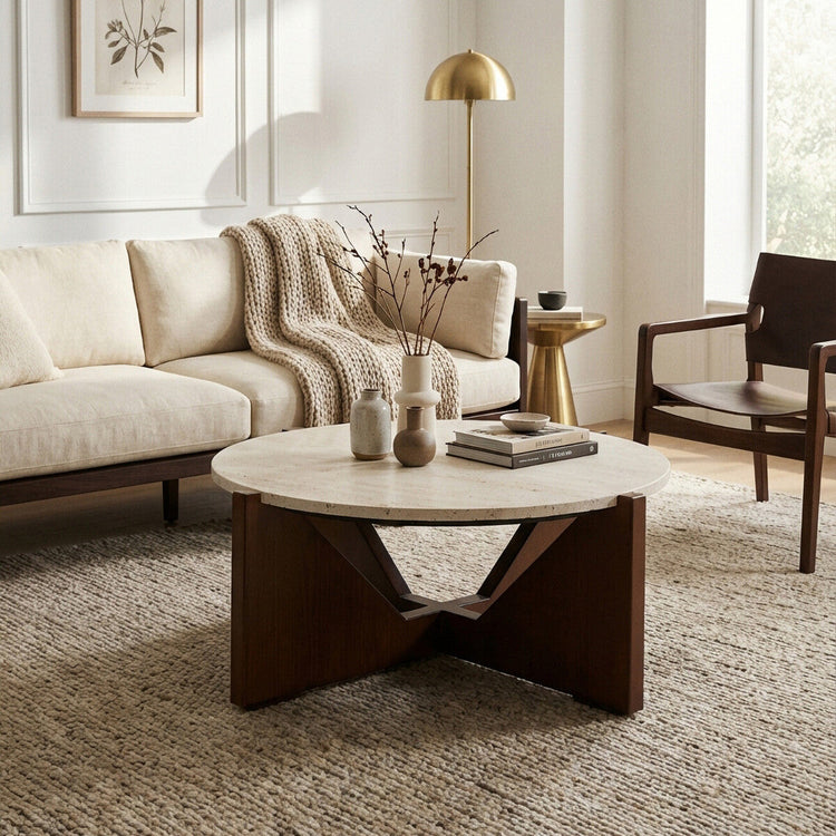 Cream Travertine Top Coffee Table with Brown Acacia Wood Geometric Frame, Walton