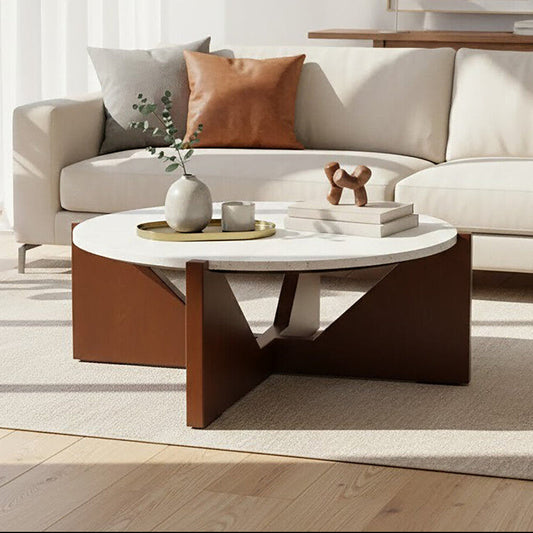 Cream Travertine Top Coffee Table with Brown Acacia Wood Geometric Frame, Walton