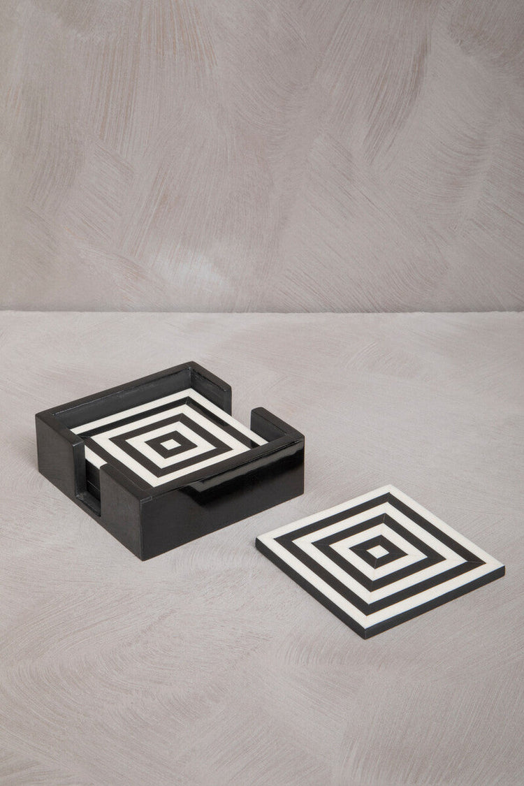 Set of 4 Black and White Stripe Coasters with Holder | Donato