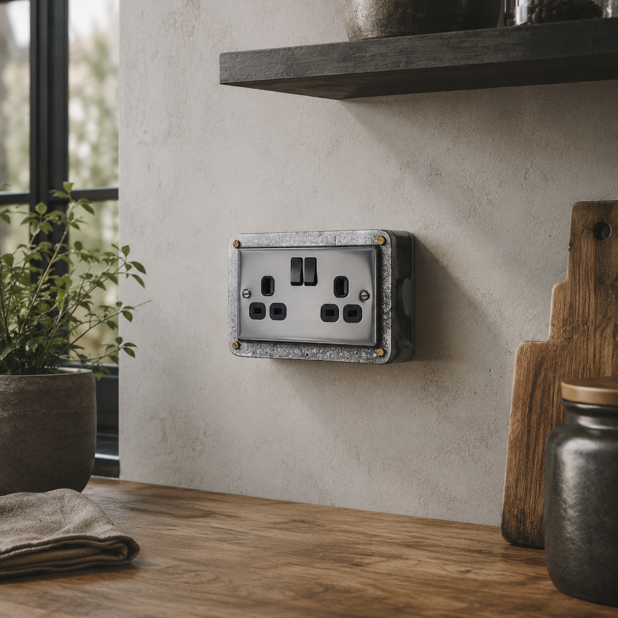 Black Nickel Double Switched 13A Socket | 2 Gang Solid Cast Metal Industrial Power Socket