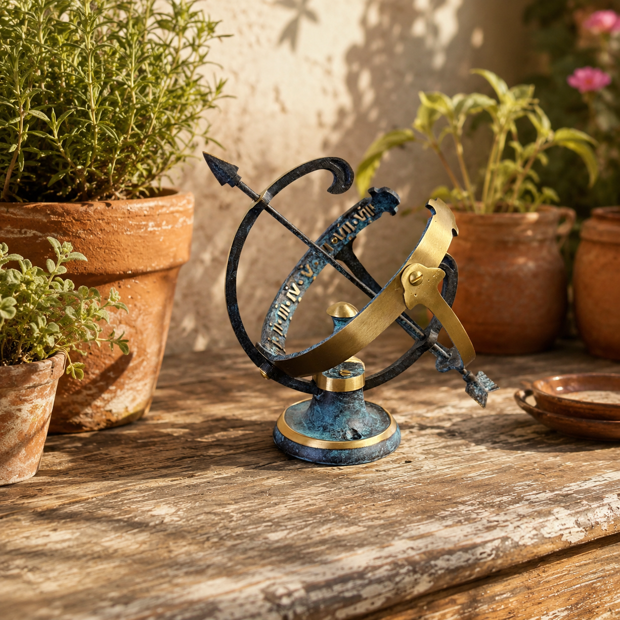 Armillary Small Solid Brass Verdigris Patina Sphere Sundial