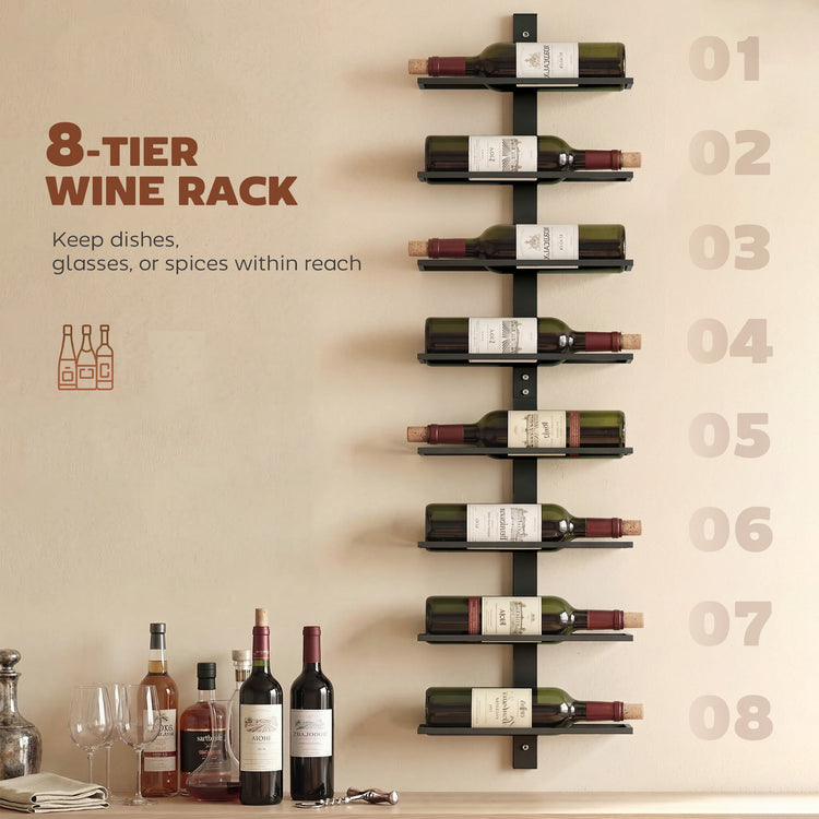 HOMCOM Wall Mounted Wine Rack, 8 Tier Metal Wine Display Rack, Storage Holder for Kitchen, Black