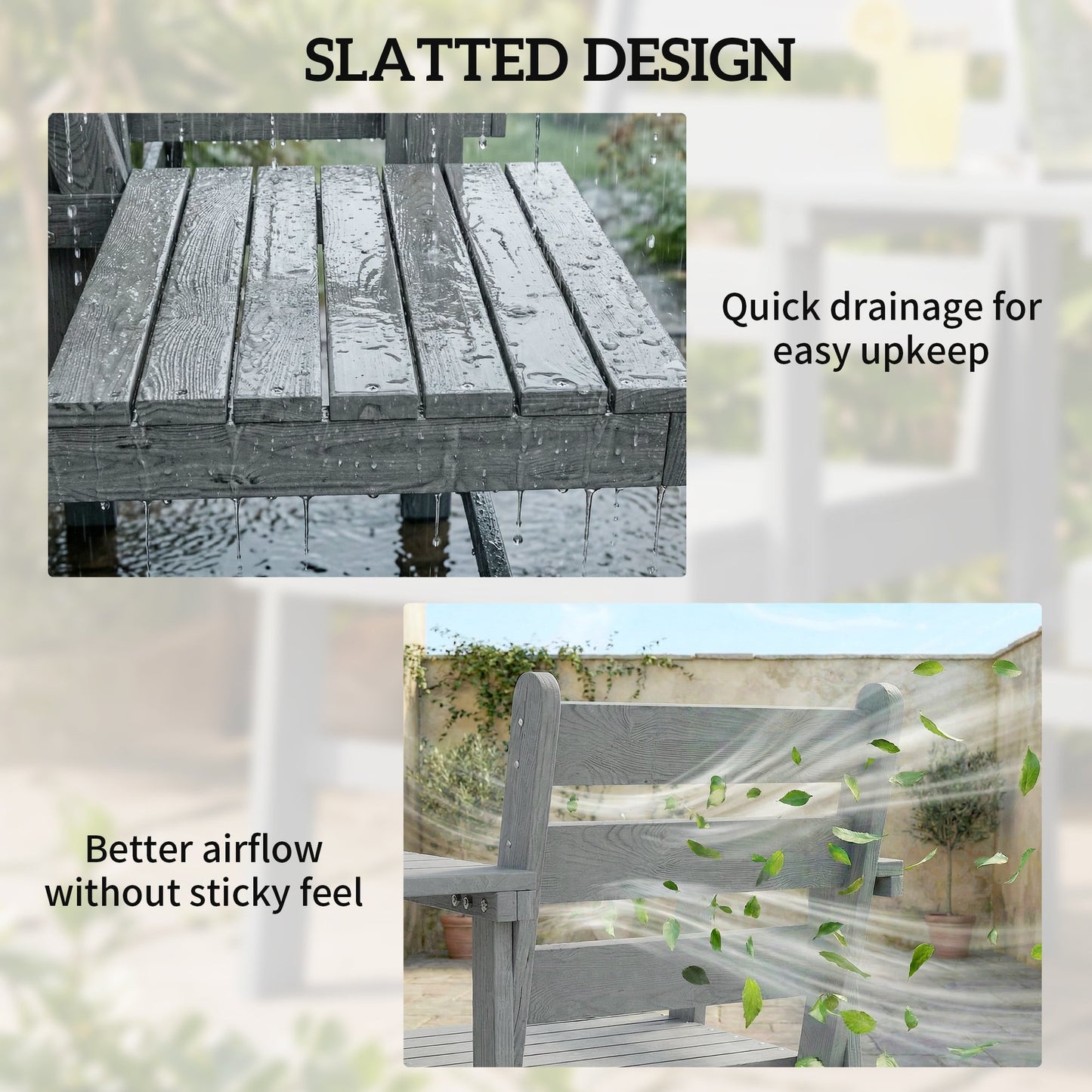 Outsunny Outdoor Garden Loveseat, Embossed Wooden Jack and Jill Garden Seat with Integrated Table, Grey