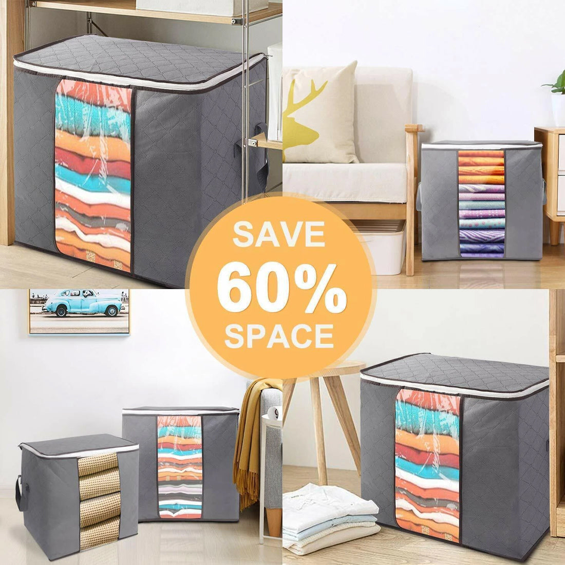 6 Pack 90L Storage Bags with Zips & Handles Grey Clothes Bedding Home Organiser