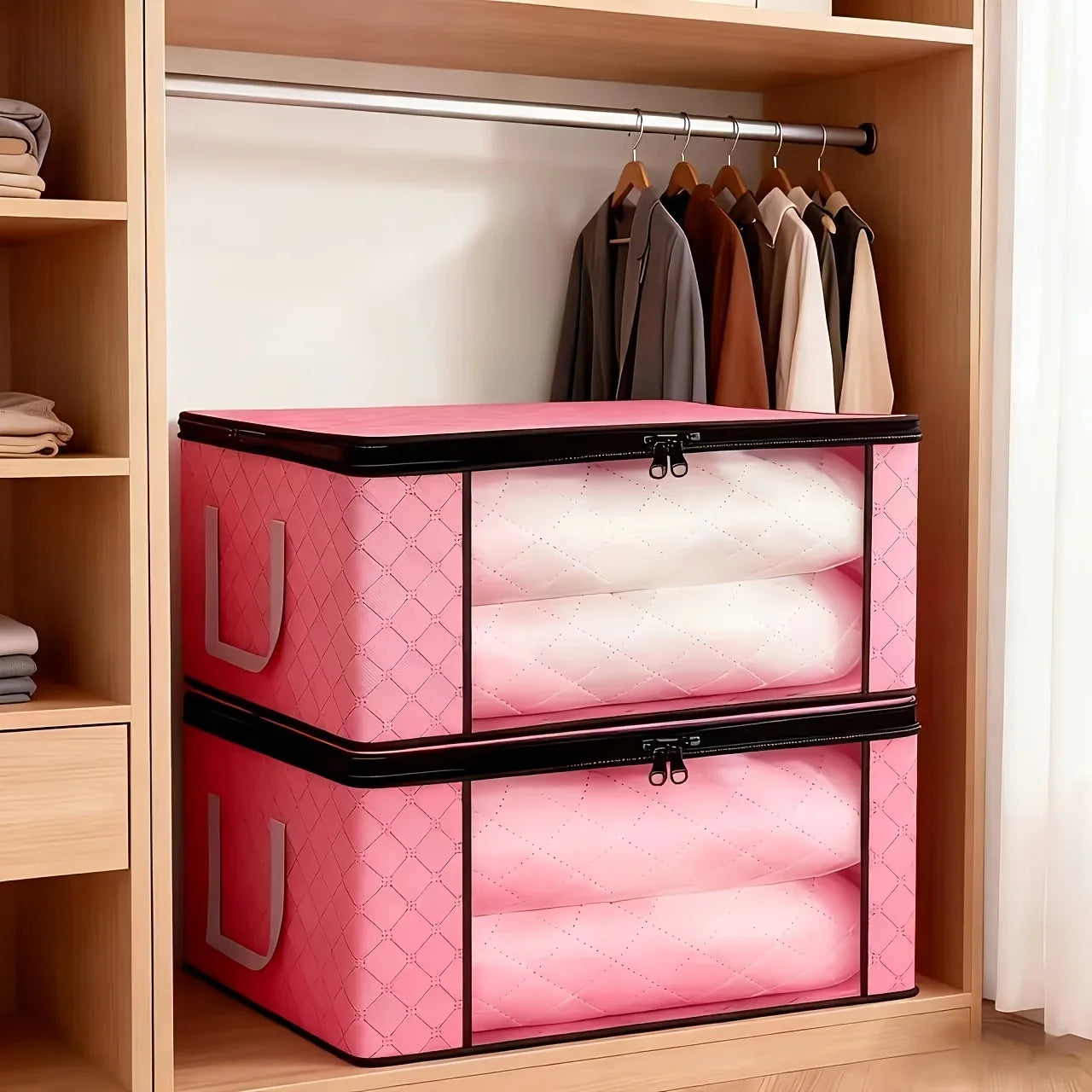 6 Pack Large Pink Foldable Storage Boxes With Window Zip Lid Handles Organisers