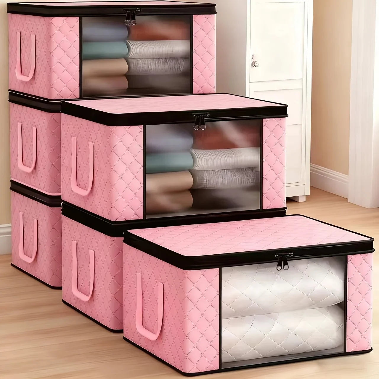 6 Pack Large Pink Foldable Storage Boxes With Window Zip Lid Handles Organisers