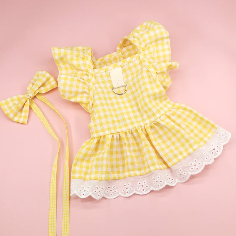Pet Flying Shoulder Sleeve Plaid Lace Dog Skirt