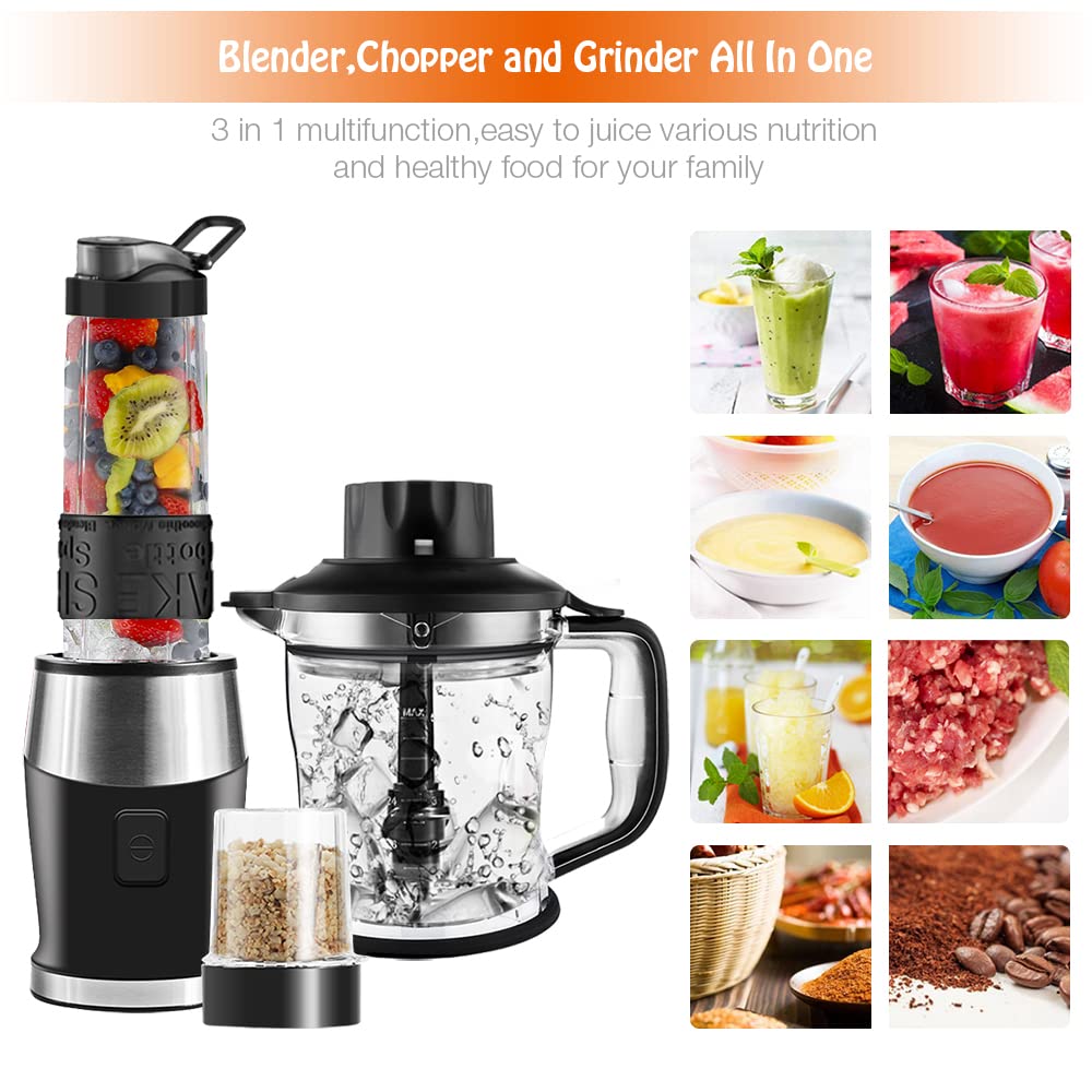 Blender Smoothie Maker, 700W Blender, Portable Food Chopper and Grinder, 570ml BPA Free Bottle, 300ml Grinder Cup, 1200ml Jug, Processor Blenders for