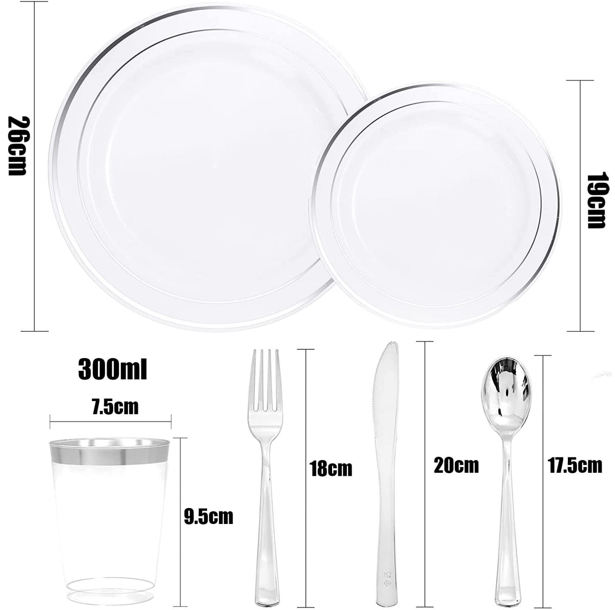 LATERN 150Pcs Multi-Use Silver Plastic Dinnerware Set, 25 x Resuable Dinner Plates, 25 x Salad Plates, 25 x Knives, 25 x Mini Forks, 25 x Spoons, 25 x