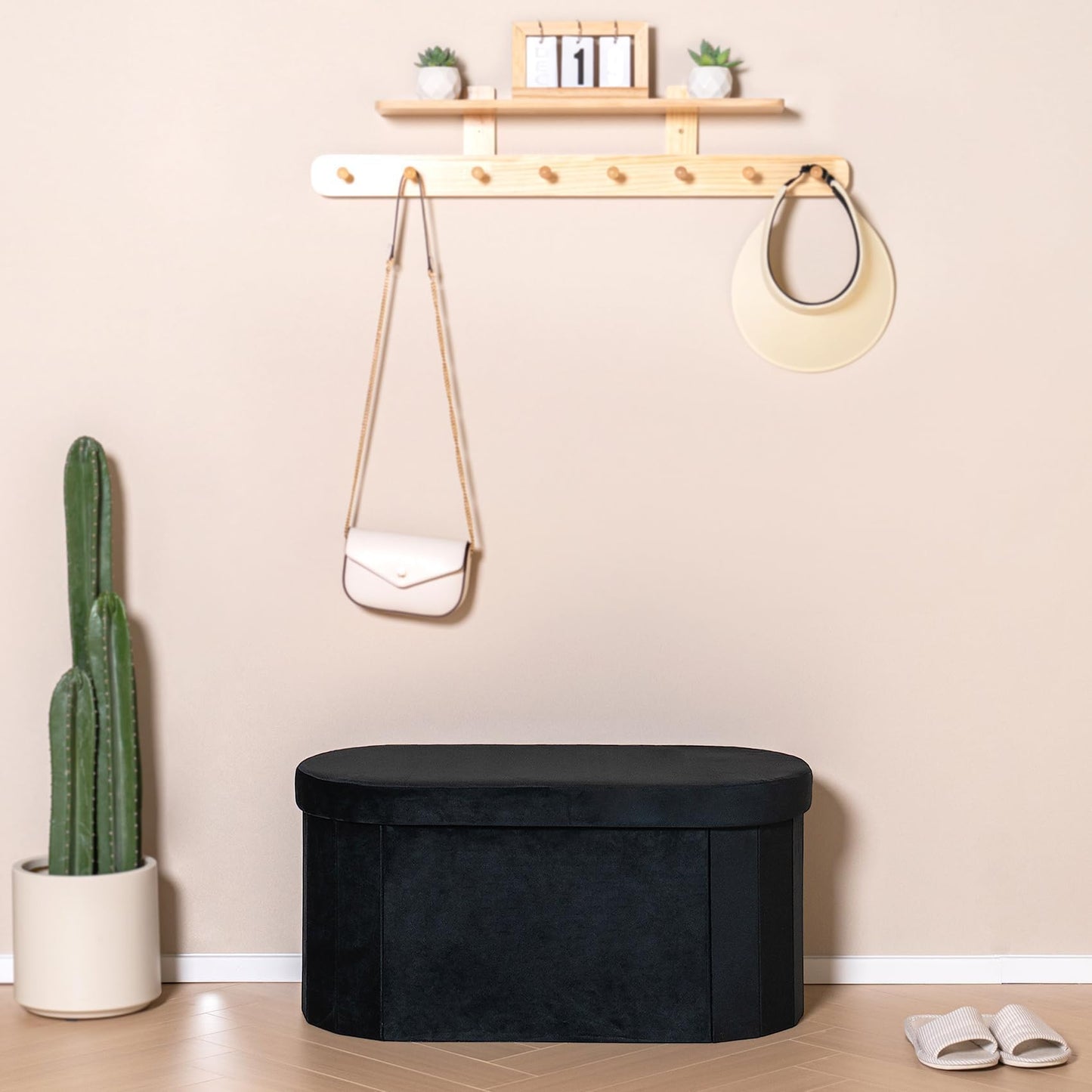 Bonlife Black Velvet Ottoman Storage Bench with Seat,Foldable Stool Living Room Furniture,Oval Large Toy Box Storage Chest with Lid,76x38x38cm