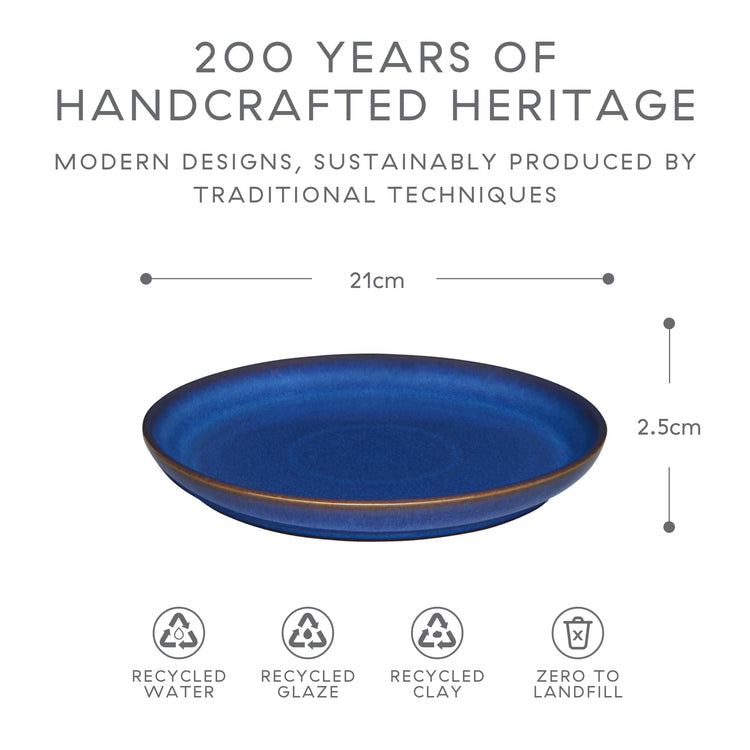 Denby - Imperial Blue Medium Plates Set of 4 - Dishwasher Microwave Safe Crockery 21cm - Royal Blue Coupe Ceramic Stoneware Tableware - Chip & Crack