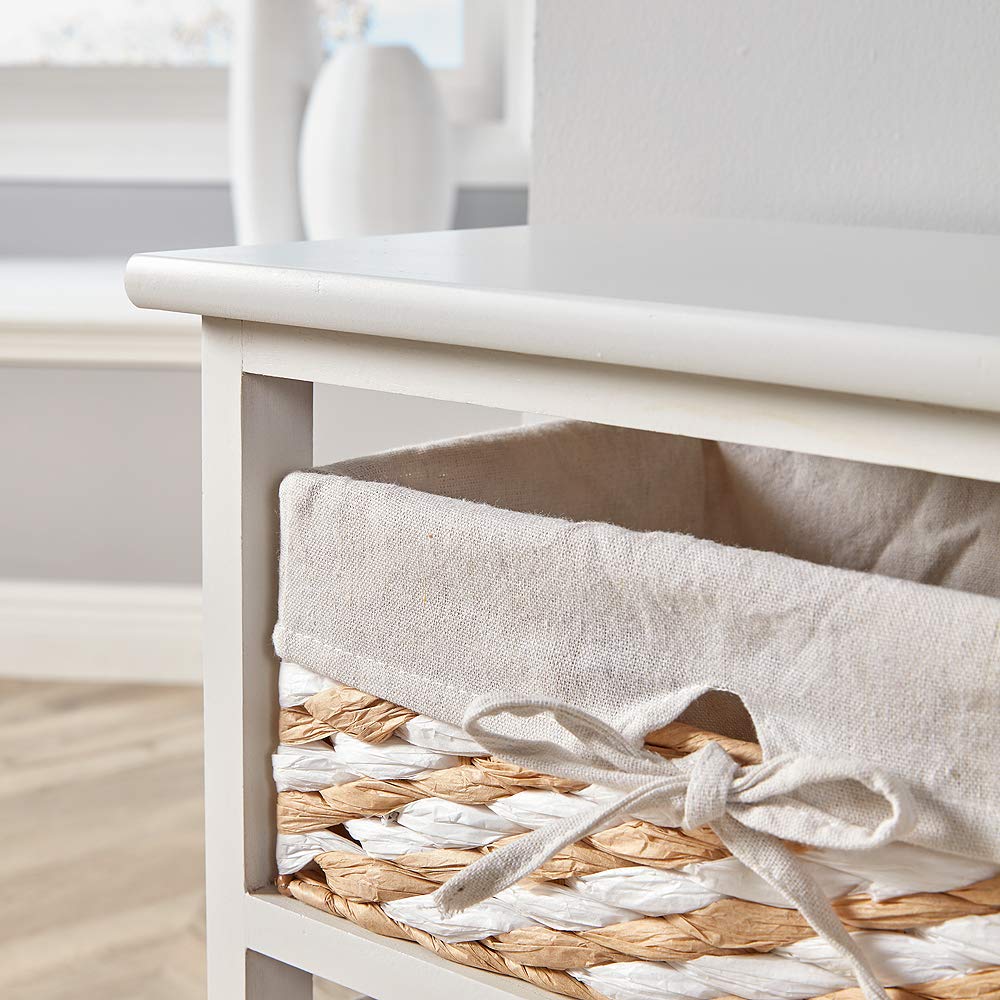 Home Source Storage Chest, Wooden Bedroom Hallway Cabinet, 3 Wicker Basket Drawers, White
