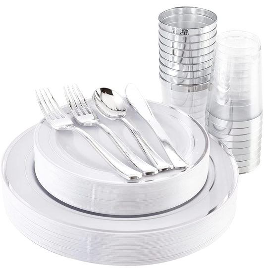 LATERN 150Pcs Multi-Use Silver Plastic Dinnerware Set, 25 x Resuable Dinner Plates, 25 x Salad Plates, 25 x Knives, 25 x Mini Forks, 25 x Spoons, 25 x