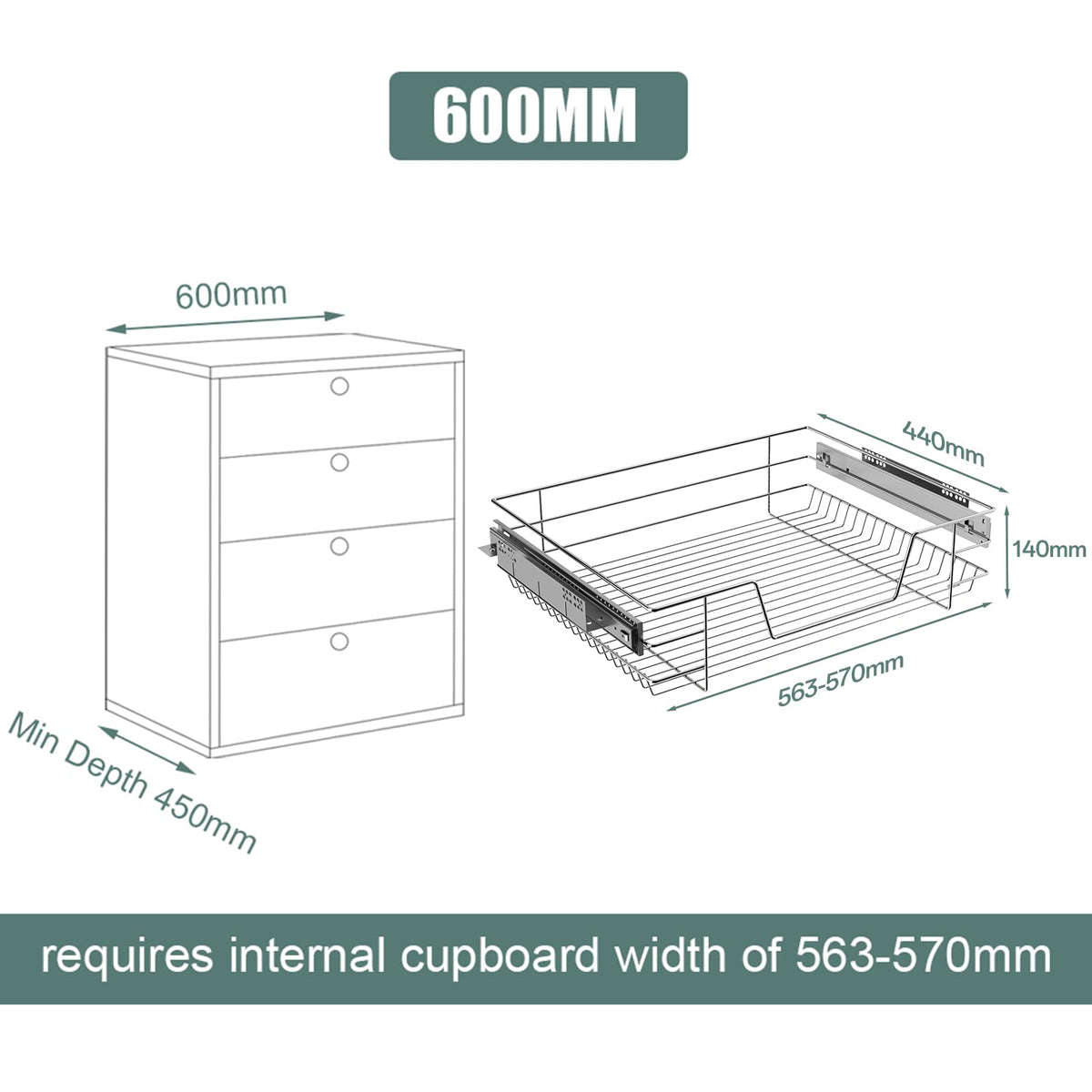 XEMQENER Heavy Duty Kitchen Pull Out Wire Baskets Base Storage Unit, 600MM Slide Out Kitchen Utensil Holder Rack Larder Drawers Origanize with Buffer