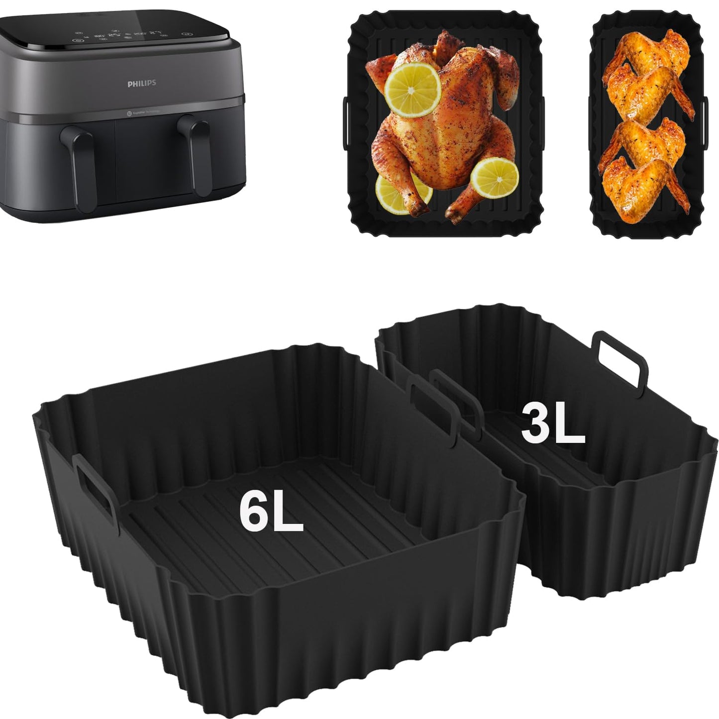 Silicone Air Fryer Liners for Philips Dual Basket Air Fryer 3000 Series 6L/3L, Reusable Dual Airfryer Liners Air Fryer Accessories for Philips Dual
