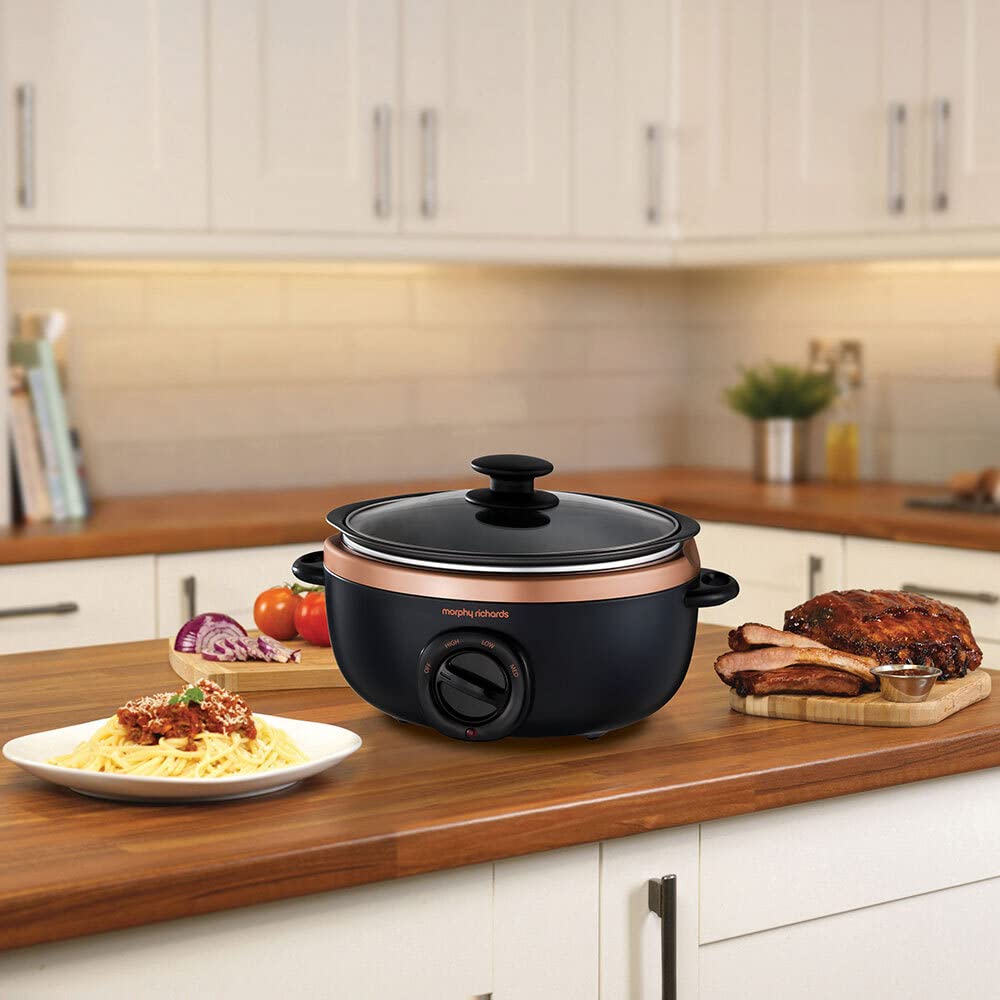 Morphy Richards 460016 Sear and Stew Slow Cooker, Glass, 163 W, 3.5 liters, Black & Rose Gold